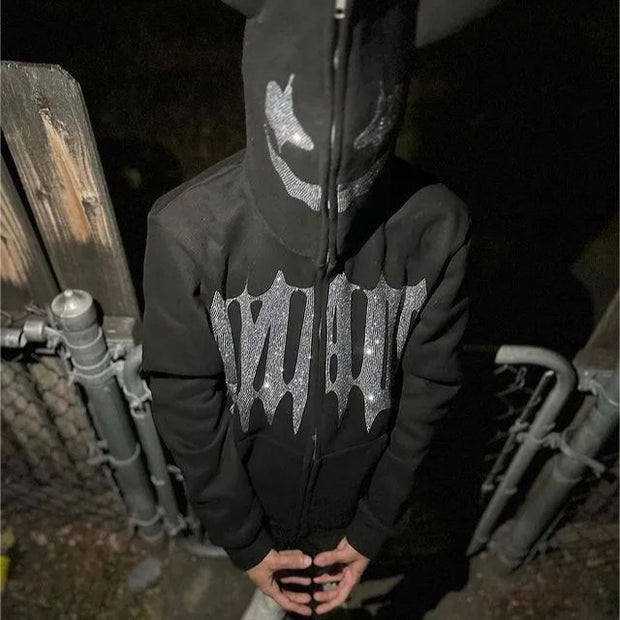 Devil Rhinestone Hooded Cardigan Loose Men And Women