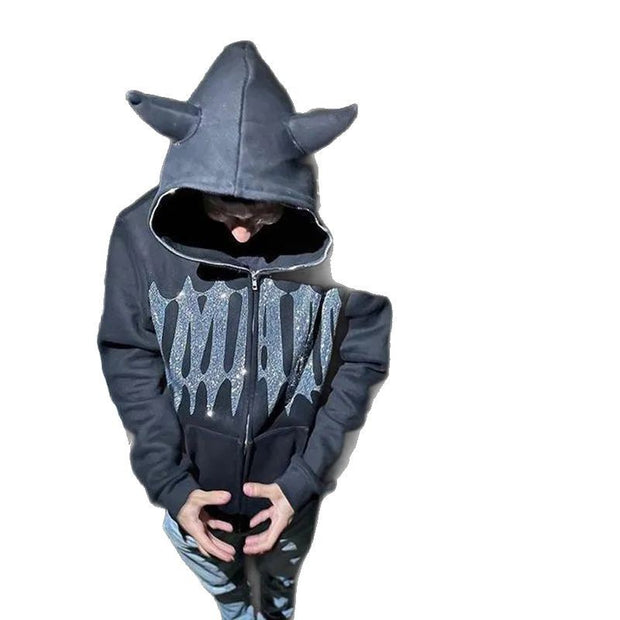 Devil Rhinestone Hooded Cardigan Loose Men And Women